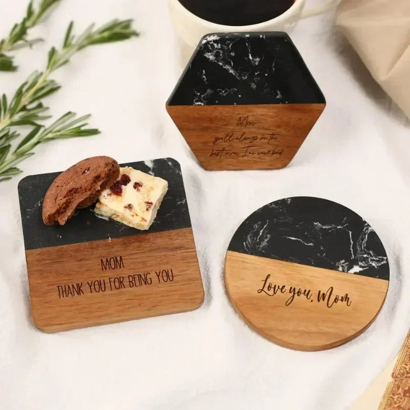 Free Custom Personalized Marble Acacia Wood Coaster Gifts for Colleagues and Friends Insulation Coaster Stone and Wood Splicing