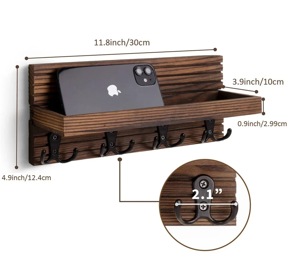 Wooden Key Holder for Entryway Decor Wall Mounted Mail Organizer and Key Hanger with 4 Hooks Rustic Rack for Keys Sunglasses