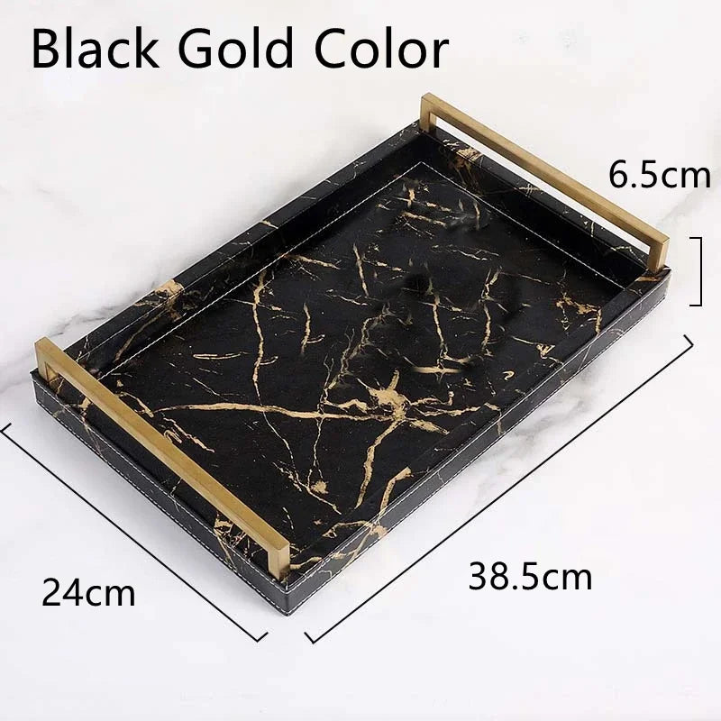 Nordic Marbled Leather Tray Rectangular Metal Handle Plate Storage Trays Decorative Home Hotel Coffee Table Service Plate Large