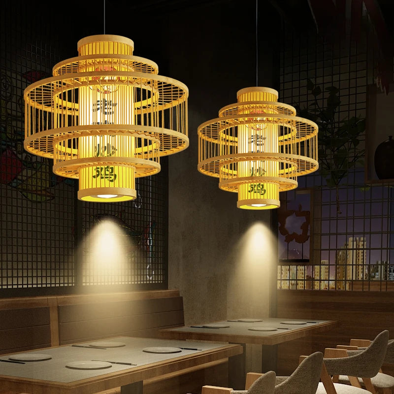 New Chinese restaurant chandelier, Zen bamboo art,  lantern, Chinese tea room, tea table, catering shop, commercial retro lamp