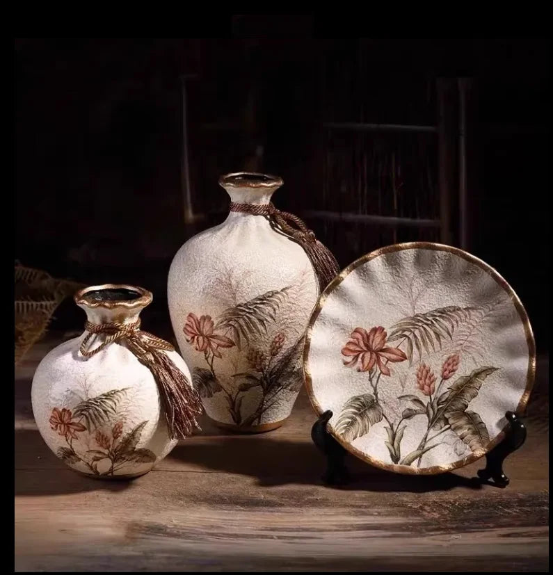 3Pcs/Set Ceramic Vase Stereoscopic dried flowers arrangement wobble plate room entrance ornaments wedding decorations