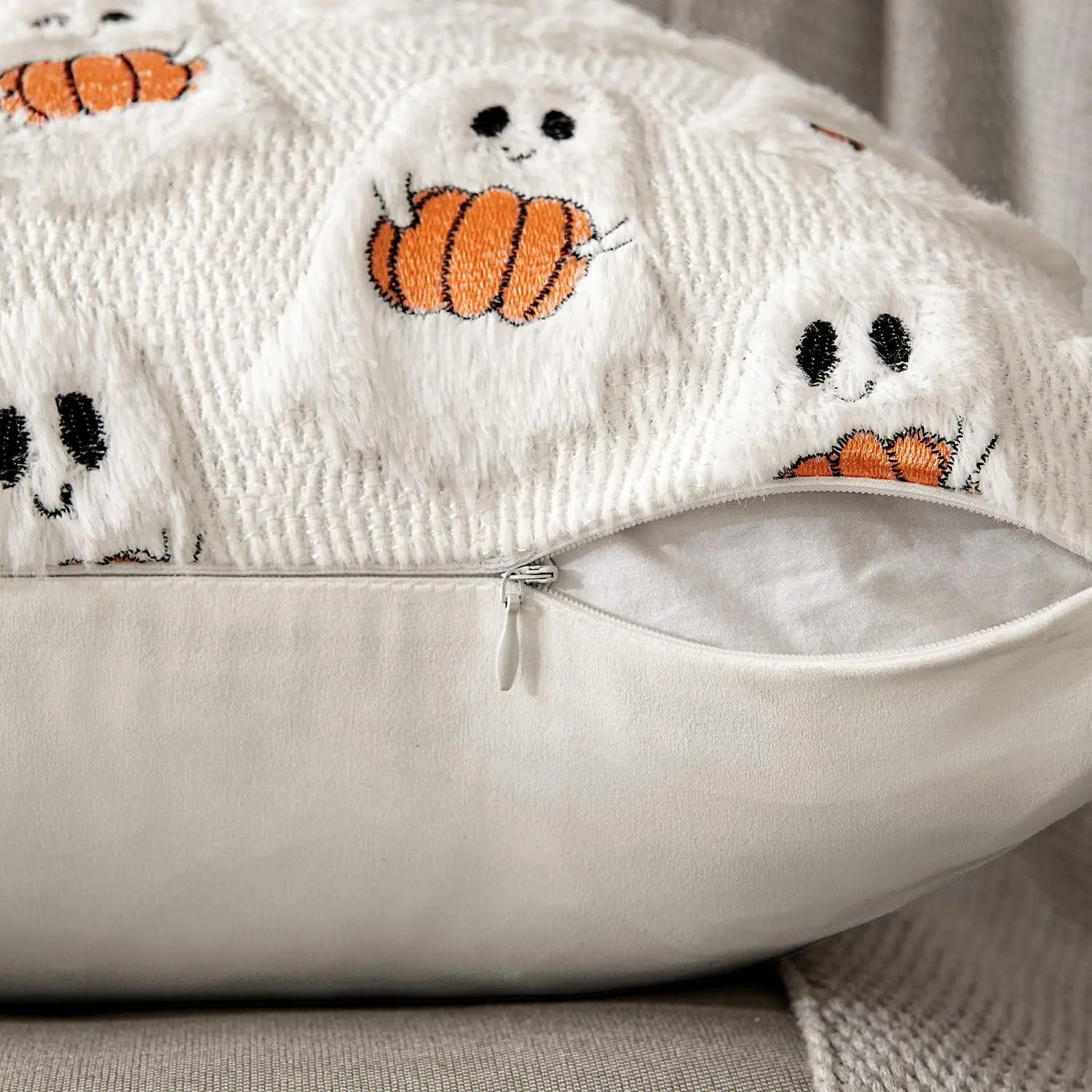 Ghost Pumpkin Plush Faux Fur Pillow Covers 18x18 Inch Soft Halloween Decor for Sofa Couch Bed Living Room, White Bright Orange