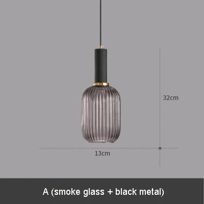 Modern Ribbed Glass Pendant Lamp Smoke Cognac Green Nordic Suspension Light Dinning Room Bedroom Restaurant Hotel Bedside Cafe