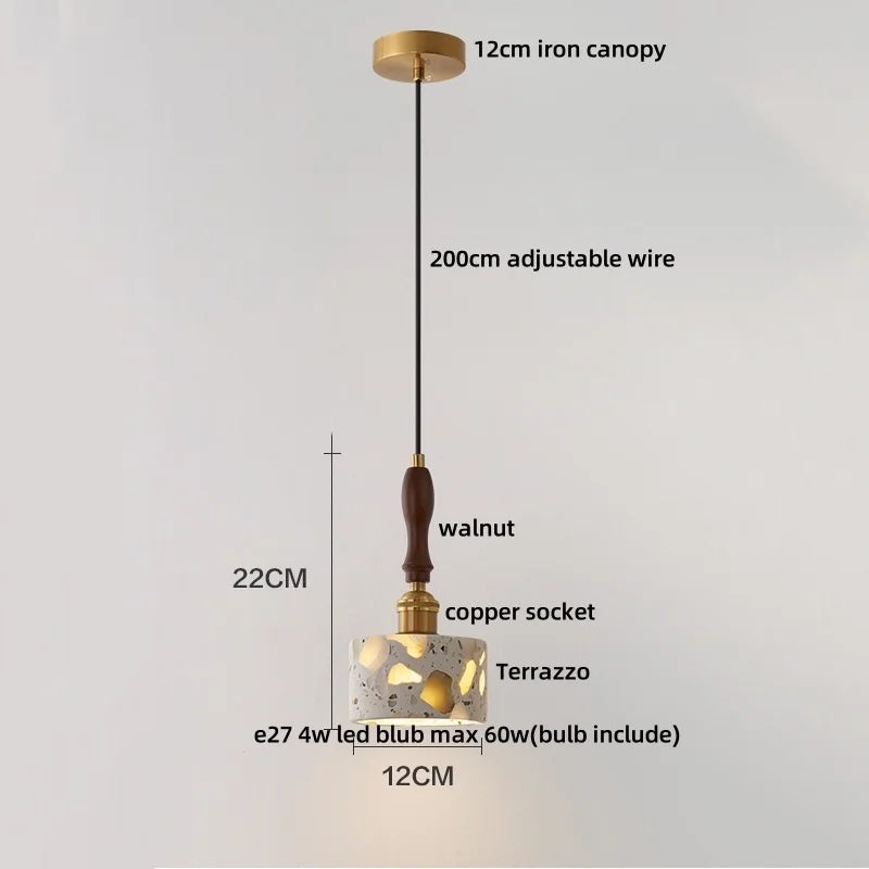 IWHD Wood Ball LED Pendant Lamp Restaurant Bar Living Room Decor Wabi Sabi Stone Terrazzo Nordic Modern Hanging Lights Lamparas