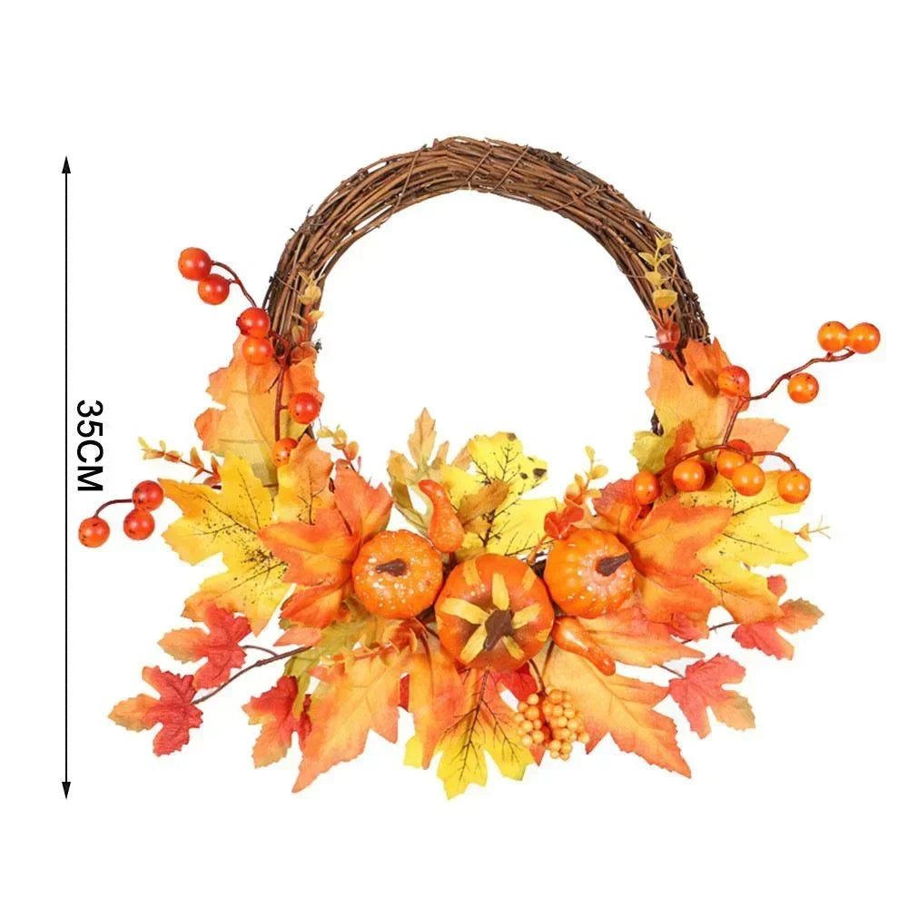 Autumn Door Wreath Christmas Halloween Decoration Pumpkin Berry Pine Cone Maple Artificial Wreath Cloth Rattan Material Home