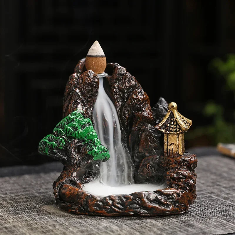 2025 Mountains River Waterfall Reflux Incense Burner Fountain Backflow Aroma Smoke Censer Holder Home Crafts +60 Incense Cones