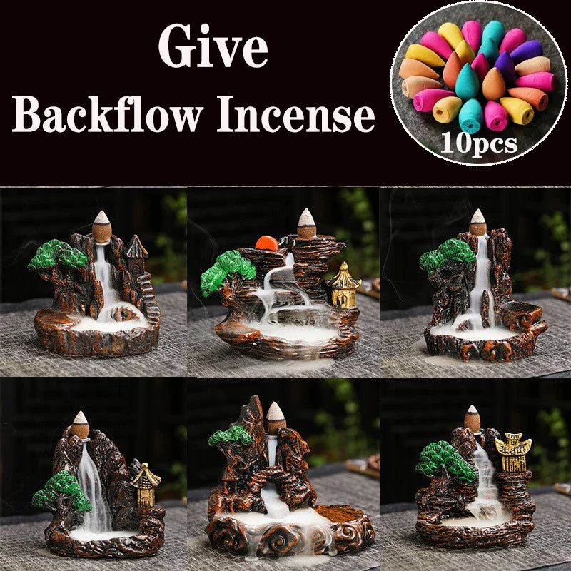 2025 Mountains River Waterfall Reflux Incense Burner Fountain Backflow Aroma Smoke Censer Holder Home Crafts +60 Incense Cones