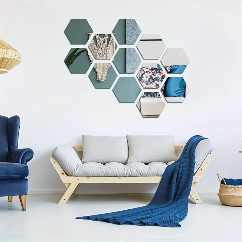 12 Hexagonal 3D Mirror Wall Stickers, Self-adhesive DIY Decoration for Living Room, Bedroom, Bathroom, Irregular Shapes