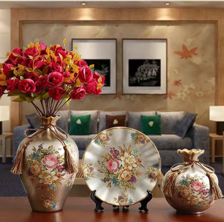 3Pcs/Set Ceramic Vase Stereoscopic dried flowers arrangement wobble plate room entrance ornaments wedding decorations