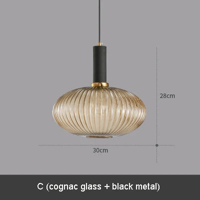 Modern Ribbed Glass Pendant Lamp Smoke Cognac Green Nordic Suspension Light Dinning Room Bedroom Restaurant Hotel Bedside Cafe