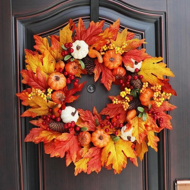 Autumn Door Wreath Christmas Halloween Decoration Pumpkin Berry Pine Cone Maple Artificial Wreath Cloth Rattan Material Home