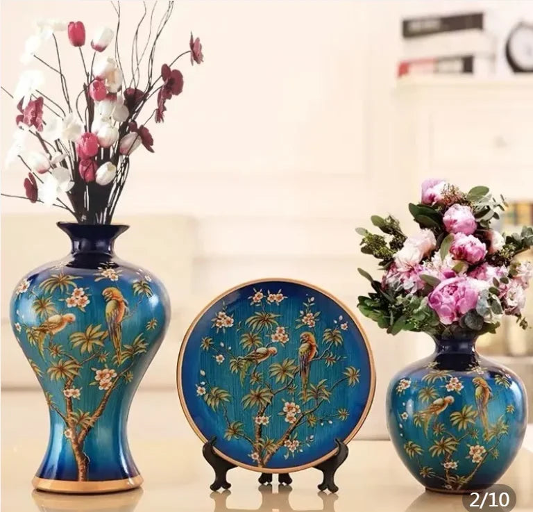 3Pcs/Set Ceramic Vase Stereoscopic dried flowers arrangement wobble plate room entrance ornaments wedding decorations