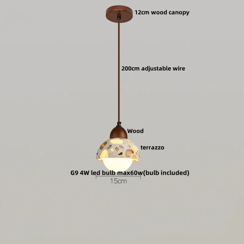 IWHD Wood Ball LED Pendant Lamp Restaurant Bar Living Room Decor Wabi Sabi Stone Terrazzo Nordic Modern Hanging Lights Lamparas