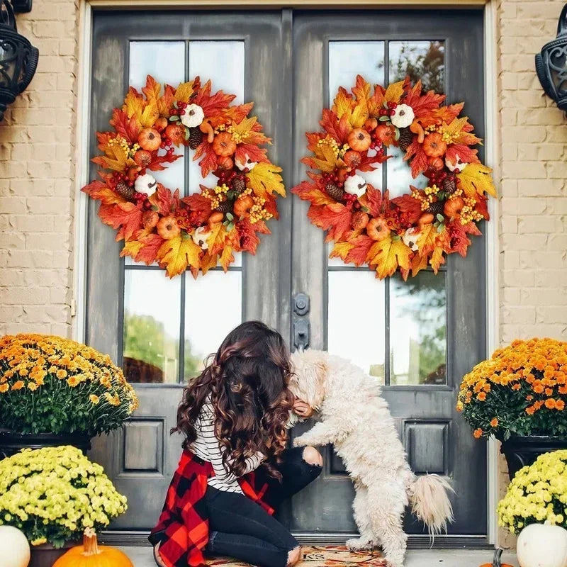 Autumn Door Wreath Christmas Halloween Decoration Pumpkin Berry Pine Cone Maple Artificial Wreath Cloth Rattan Material Home