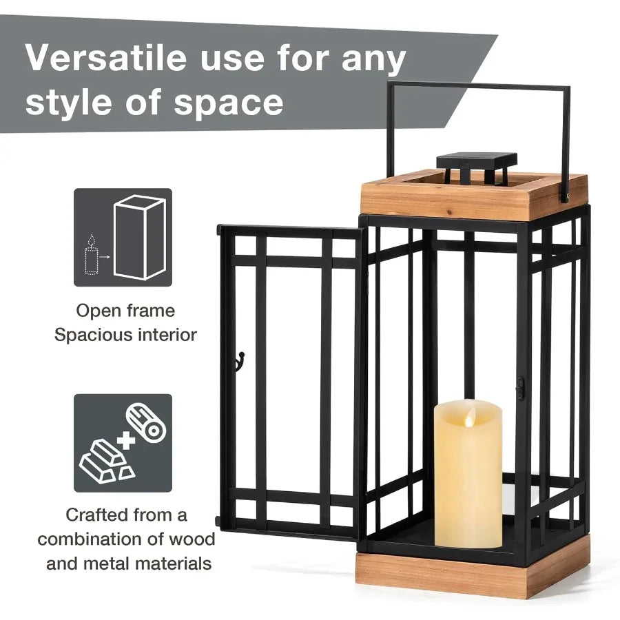 Set of 2 Modern Square Metal and Wood Hanging Lanterns with Decorative Candle Holder Design for Elegant Outdoor and Indoor Ligh