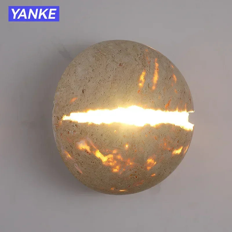 Japanese Wabi-Sabi Round Yellow Travertine Stone Wall Lamp for Bedroom Bedside Lamp Hallway Villa Background Wall Decor Lighting