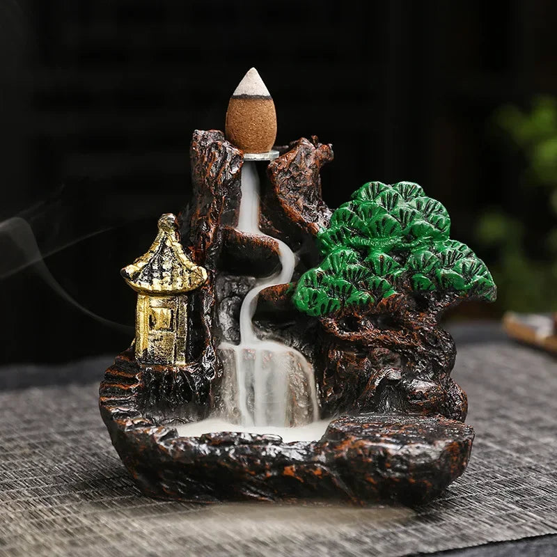 2025 Mountains River Waterfall Reflux Incense Burner Fountain Backflow Aroma Smoke Censer Holder Home Crafts +60 Incense Cones