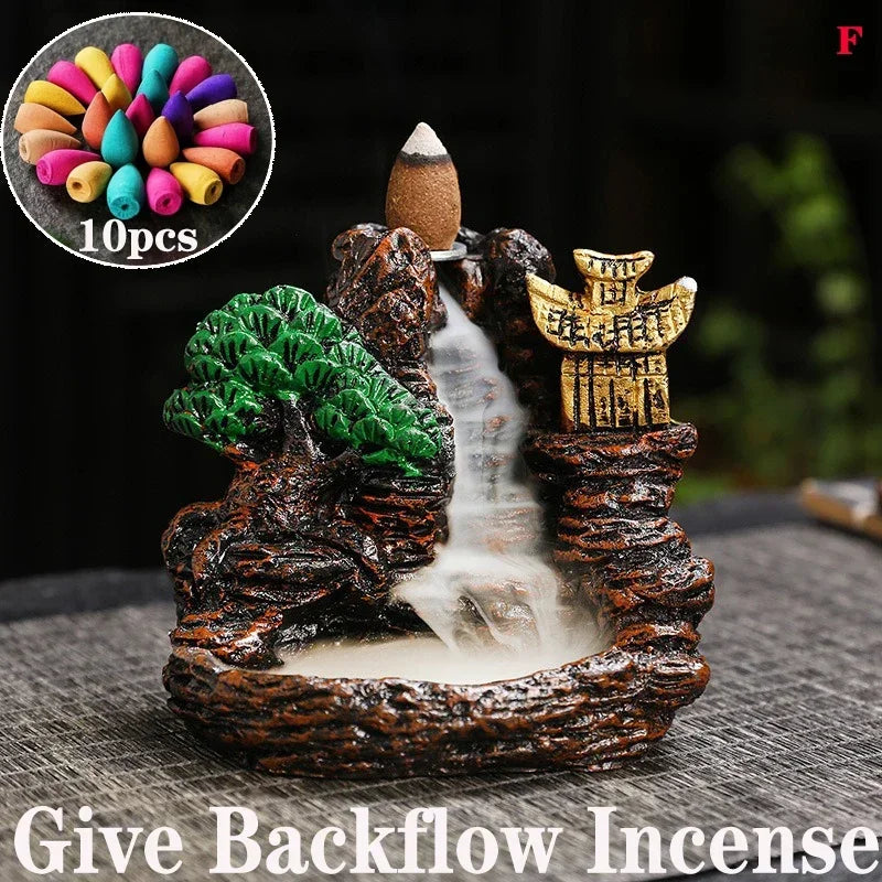 2025 Mountains River Waterfall Reflux Incense Burner Fountain Backflow Aroma Smoke Censer Holder Home Crafts +60 Incense Cones