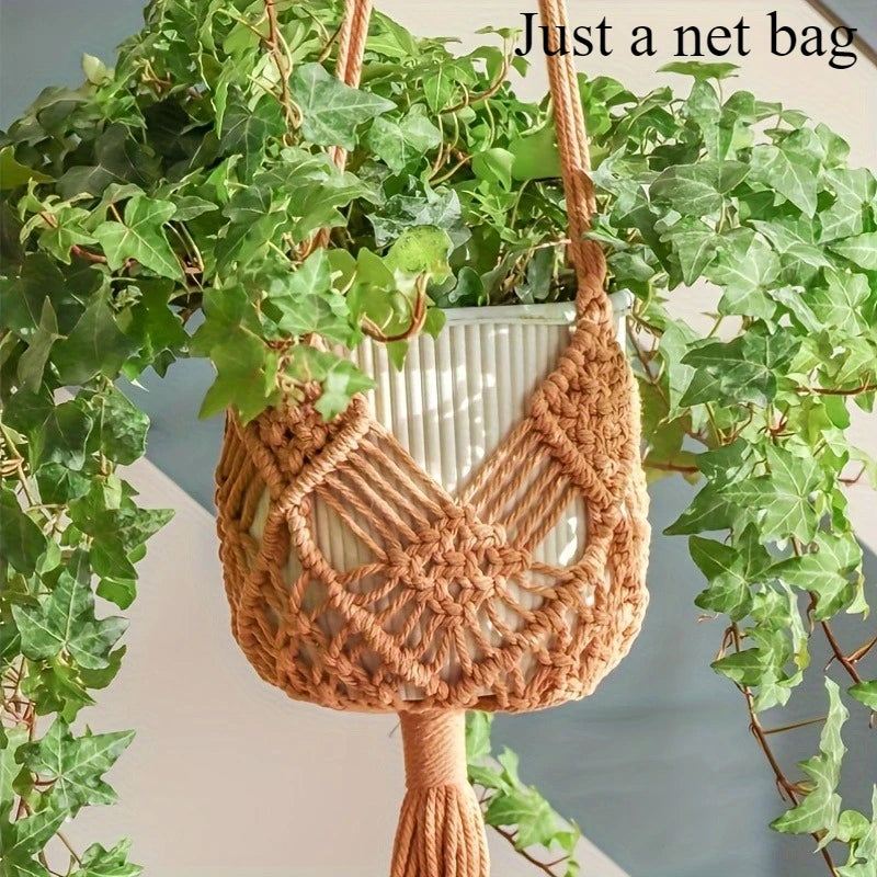 1pcs Boho Macrame Plant Hanger for Indoor Outdoor Hanging Succulents Cotton Rope Woven Hanging Basket with Net Pouch