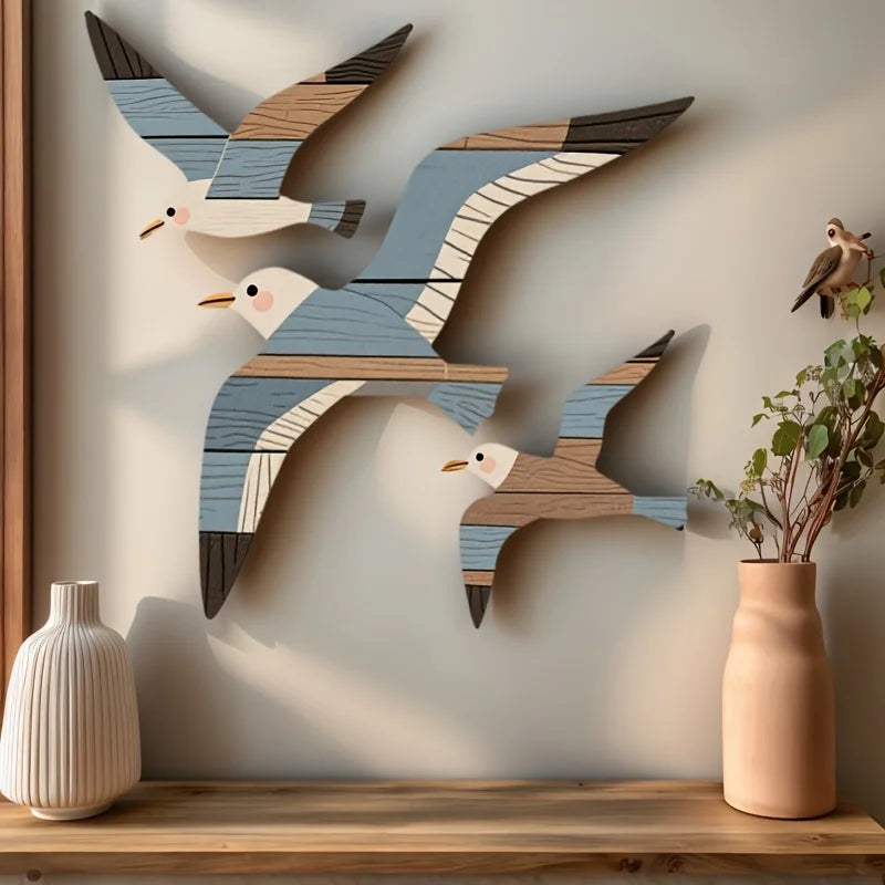 3PCS Wooden Seagull Wall Decorations Nautical Coast Theme Retro Beach Marine Bird Living Room Bedroom Wall Art Decoration