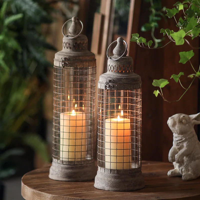 American garden retro wrought iron candle holder wind  set, lantern factory outdoor garden tabletop ornament