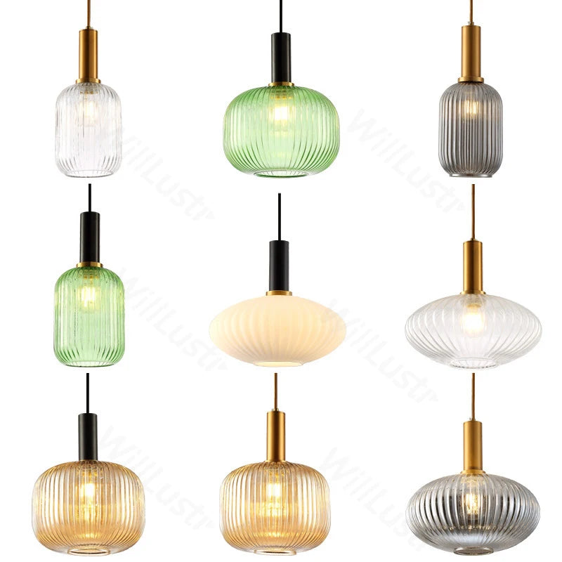 Modern Ribbed Glass Pendant Lamp Smoke Cognac Green Nordic Suspension Light Dinning Room Bedroom Restaurant Hotel Bedside Cafe