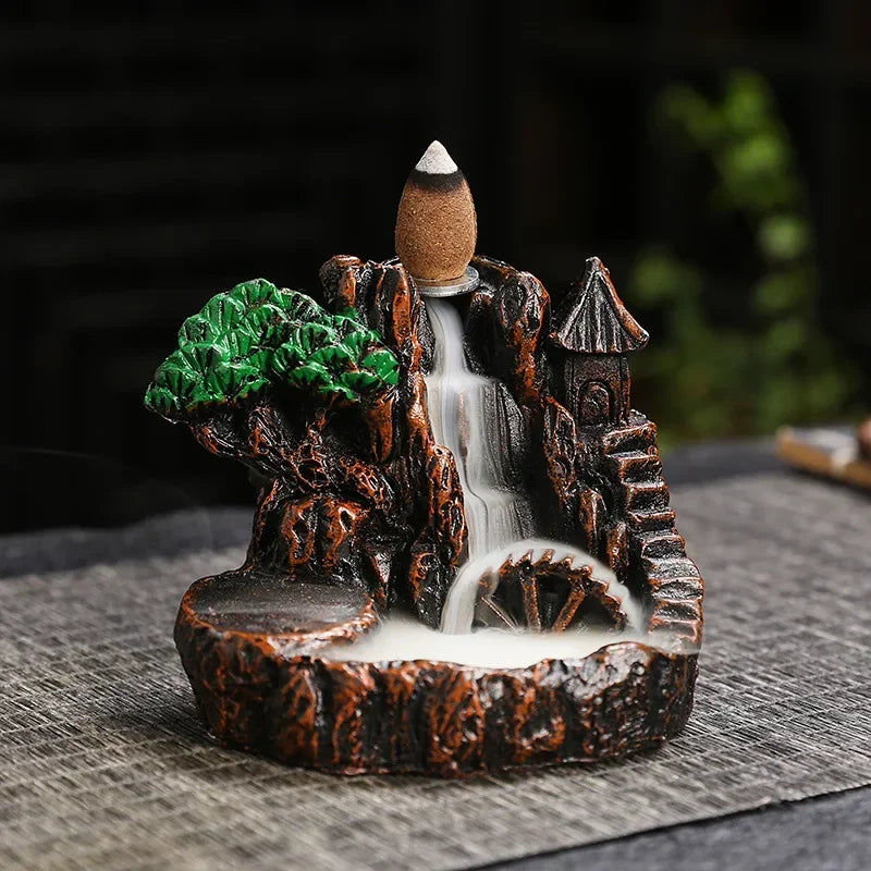 2025 Mountains River Waterfall Reflux Incense Burner Fountain Backflow Aroma Smoke Censer Holder Home Crafts +60 Incense Cones