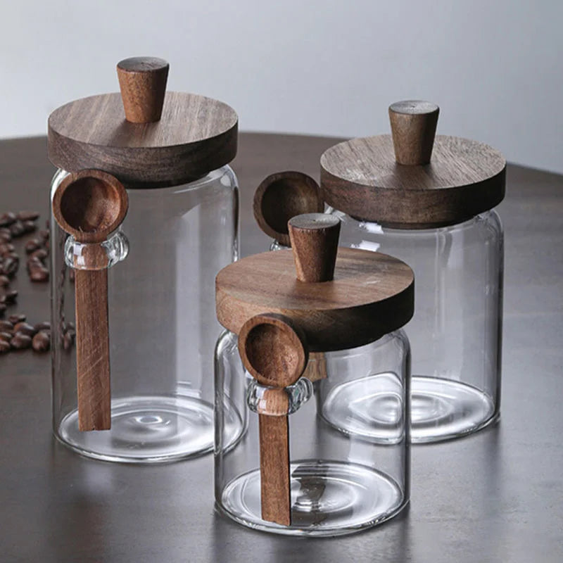 Coffee Bean Storage Jar Glass Sealed Containers Grains Jar with Wood Spoon Clear Spice Jars Kitchen Moisture-proof Storage Tank