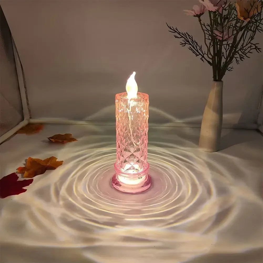Crystal LED Candle Light Table Lamp Rose Projection Romantic Atmosphere Night Light for Bedroom Party Christmas Wedding Decorate