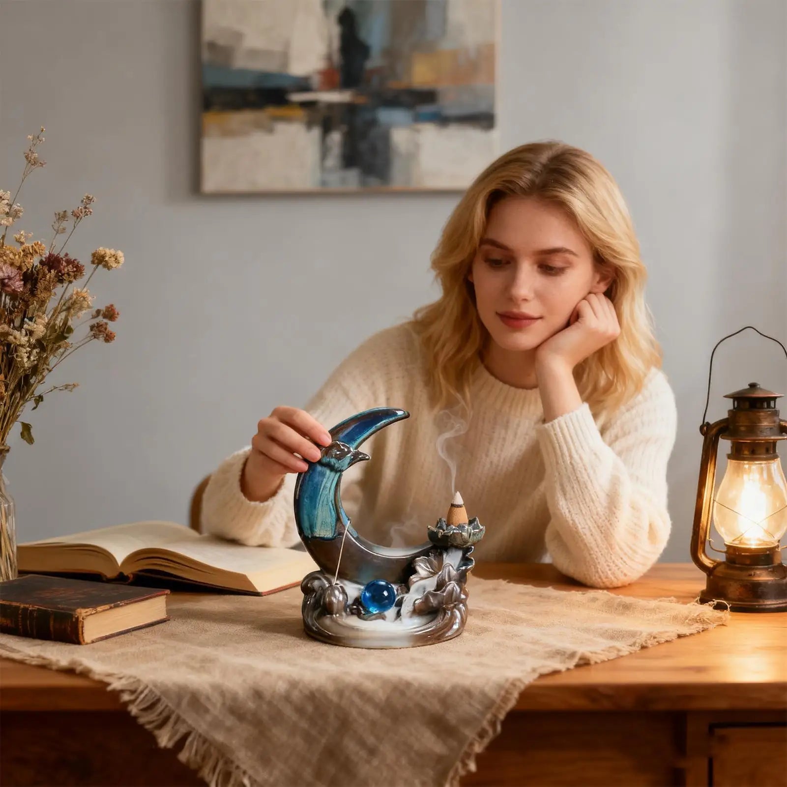 Backflow Incense Holder Moon Shaped Fountain Diffuser Waterfall Ceramic Incense Cone Holder For Home Room House Entryway Cabin