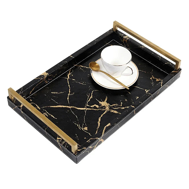 Nordic Marbled Leather Tray Rectangular Metal Handle Plate Storage Trays Decorative Home Hotel Coffee Table Service Plate Large
