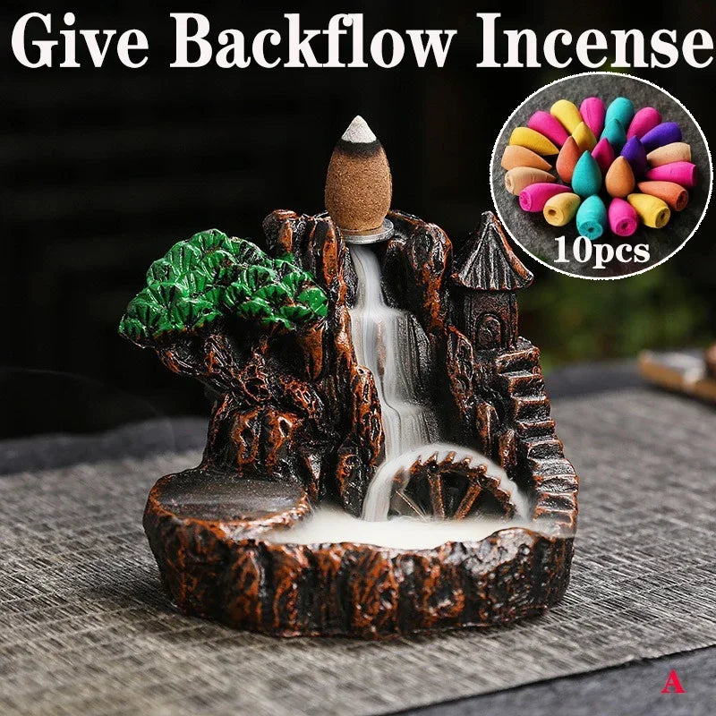 2025 Mountains River Waterfall Reflux Incense Burner Fountain Backflow Aroma Smoke Censer Holder Home Crafts +60 Incense Cones