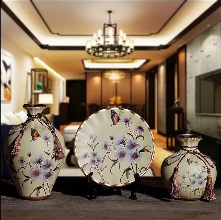 3Pcs/Set Ceramic Vase Stereoscopic dried flowers arrangement wobble plate room entrance ornaments wedding decorations