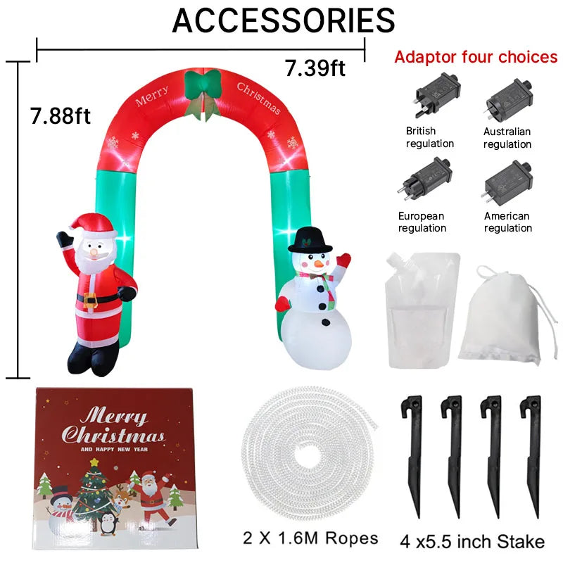7.87FT Inflatable Toy Christmas Arch Santa Snowman Xmas Yard Decoration LED Lit Christmas Supplies Home Ornament Festive Gift