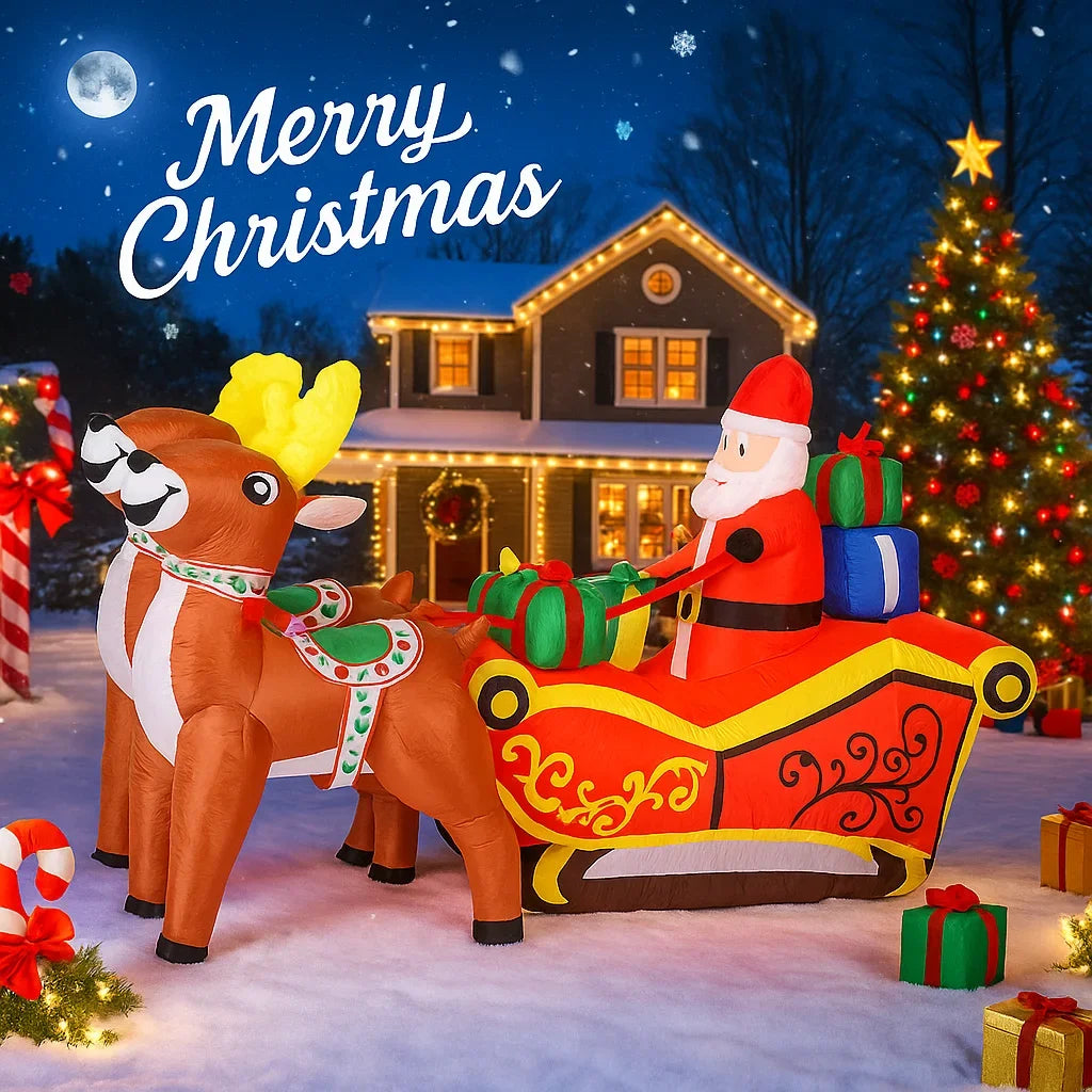 8.20FT Xmas Yard Party Decoration Inflatable Santa Claus Reindeer Sleigh Toys LED Light Home Ornaments Supplies Holiday Gifts