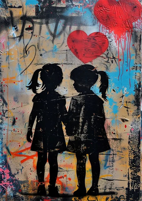 Banksy-Inspired Canvas Print-Graffiti Boy and Girl with Balloon Poster for Pop Street Art Decor in Living Room and Home