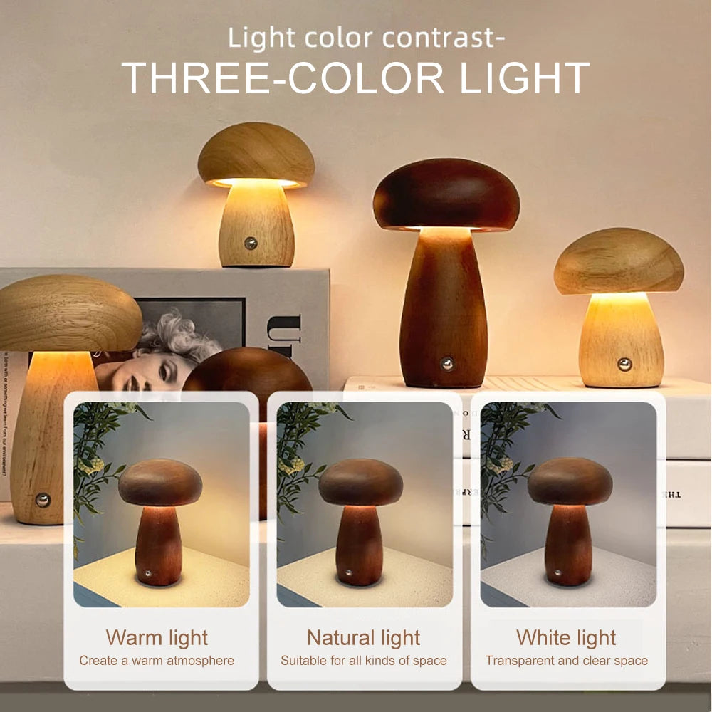 Wooden Mushroom Night Light Touch Switch Dimmable LED USB Charging Table Lamp for Bedroom Home Decor Unique Gift Idea