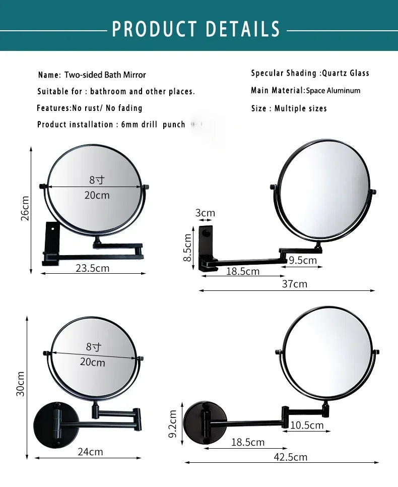 Dressing Mirror Wall Mounted 8 Inch Magnifying Two-sides Mirror Space Aluminum Black  Makeup Mirror Cosmetic Lady Gift