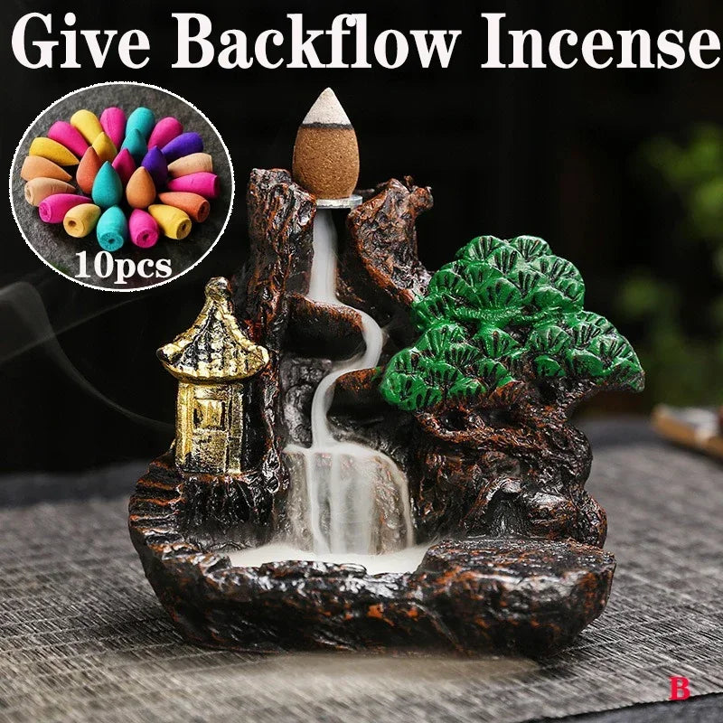 2025 Mountains River Waterfall Reflux Incense Burner Fountain Backflow Aroma Smoke Censer Holder Home Crafts +60 Incense Cones