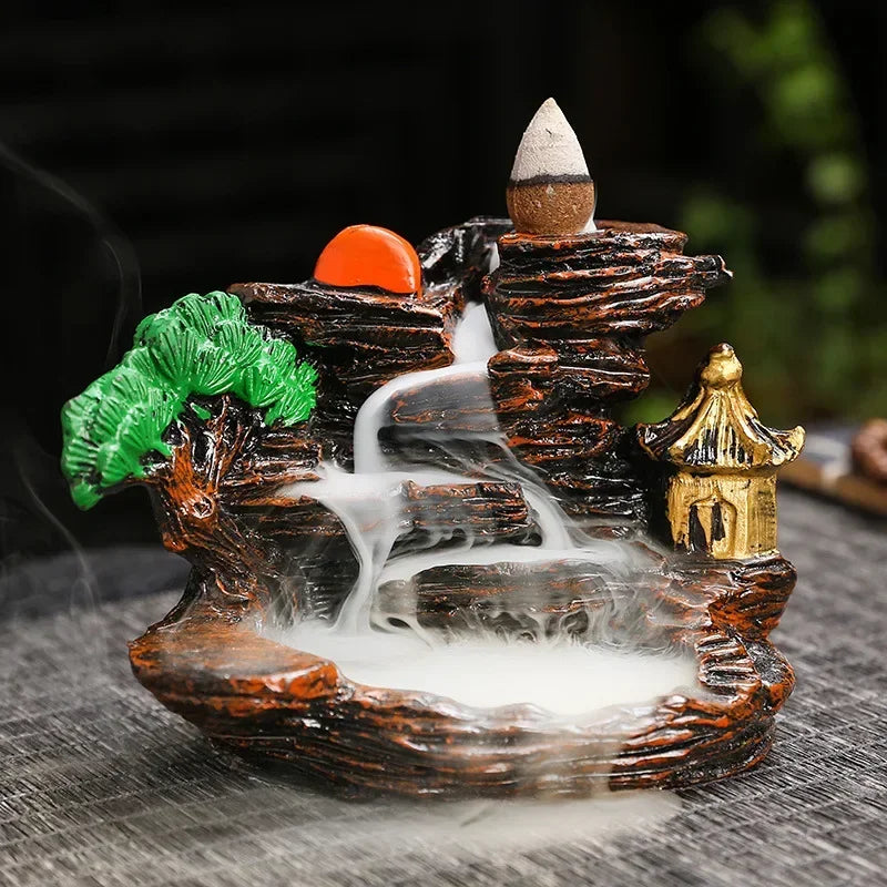 2025 Mountains River Waterfall Reflux Incense Burner Fountain Backflow Aroma Smoke Censer Holder Home Crafts +60 Incense Cones