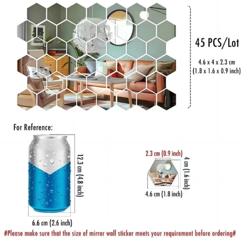 45pcs Mirror Wall Sticker, Hexagon Wall Art Sticker, DIY Household Decorative Tiles Sticker