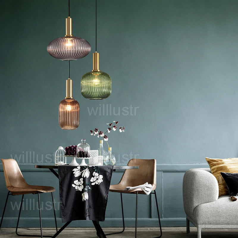Modern Ribbed Glass Pendant Lamp Smoke Cognac Green Nordic Suspension Light Dinning Room Bedroom Restaurant Hotel Bedside Cafe
