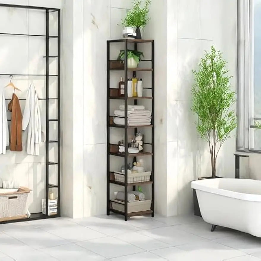 LITTLE TREE 6-Tier Narrow Corner Shelf, 74.8-Inch Bookshelf,Industrial Display Bookcase for Small Spaces,Bathroom,Kitchen