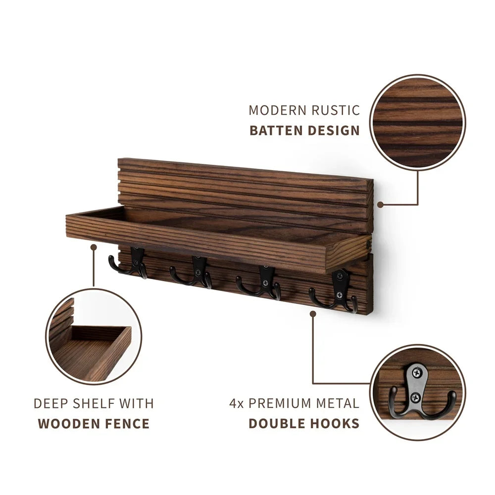 Wooden Key Holder for Entryway Decor Wall Mounted Mail Organizer and Key Hanger with 4 Hooks Rustic Rack for Keys Sunglasses