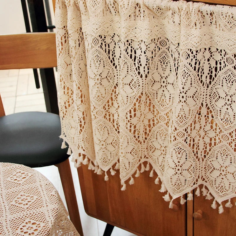 Retro Crochet Curtains Valance Kitchen Window Curtain Tiers Rod Pocket Farmhouse Short Curtains for Room Divider Doorway Curtain