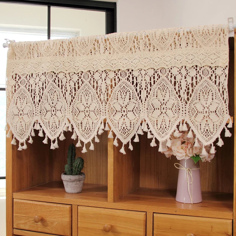 Retro Crochet Curtains Valance Kitchen Window Curtain Tiers Rod Pocket Farmhouse Short Curtains for Room Divider Doorway Curtain