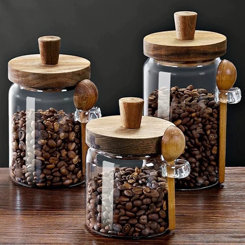 Coffee Bean Storage Jar Glass Sealed Containers Grains Jar with Wood Spoon Clear Spice Jars Kitchen Moisture-proof Storage Tank