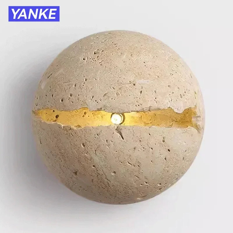 Japanese Wabi-Sabi Round Yellow Travertine Stone Wall Lamp for Bedroom Bedside Lamp Hallway Villa Background Wall Decor Lighting