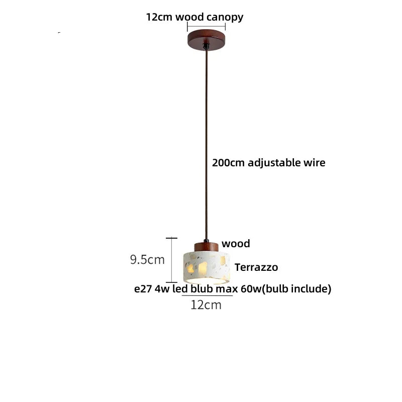 IWHD Wood Ball LED Pendant Lamp Restaurant Bar Living Room Decor Wabi Sabi Stone Terrazzo Nordic Modern Hanging Lights Lamparas