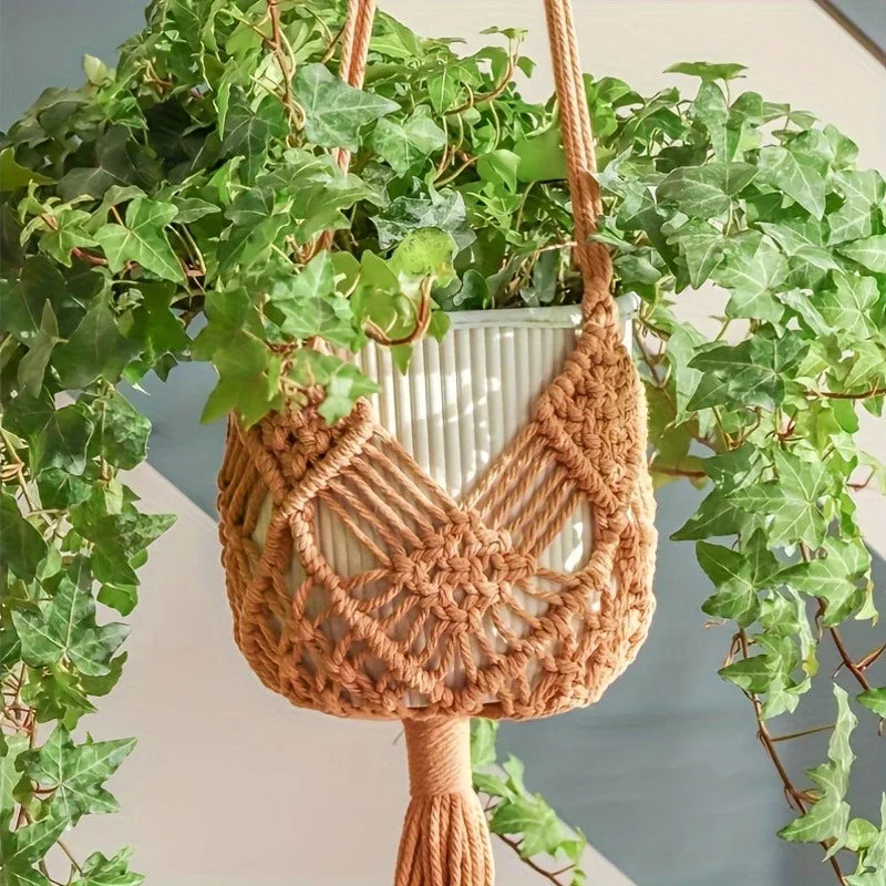 1pcs Boho Macrame Plant Hanger for Indoor Outdoor Hanging Succulents Cotton Rope Woven Hanging Basket with Net Pouch